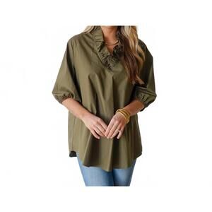 NEW CARYN LAWN kit ruffle v neck top in olive